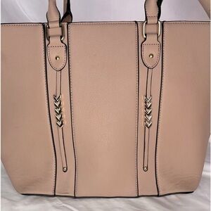 Shoulder Tote Bag, SZ 17”x11”x6” Approx., pale pink, gold tone embellishments,